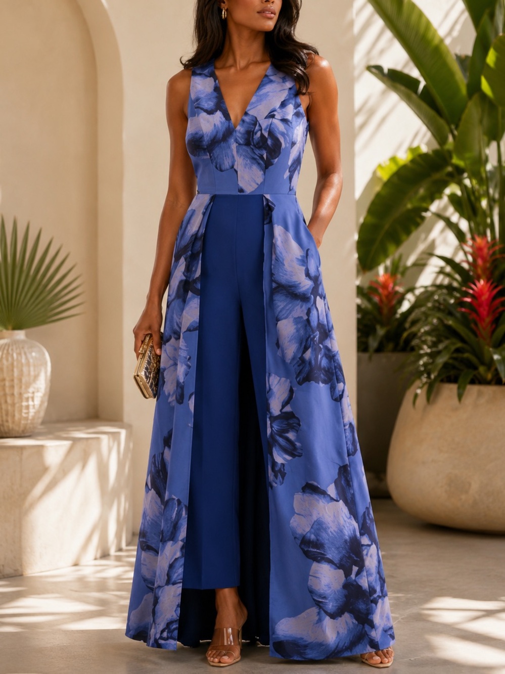 Kay Unger New York Reign Sleeveless Walk-Thru Jumpsuit Embroidered Blue Floral